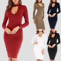 Sexy Hollow Out Long Sleeve Solid Color Slim Fit Dress