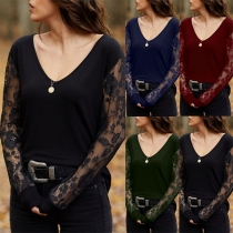Fashion Lace Spliced Long Sleeve V-neck T-shirt