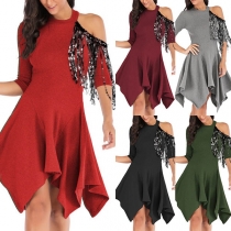 Fashion Solid Color Round-neck Off- shoulder Irregular Hemline Tassels Dress