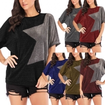 Fashion Contrast Color Round-neck Short Sleeve Stars Printed Shirt