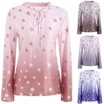 Fashion Color Gradient Stars Printed Long Sleeve Blouse
