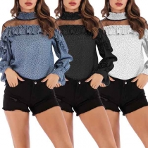 Sexy Gauze Spliced Long Sleeve Stand Collar Ruffle Printed Top 