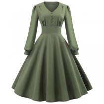 Retro Style Long Sleeve V-neck High Waist Solid Color Dress