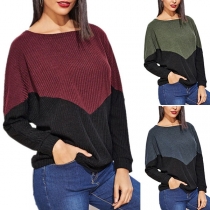 Fashion Contrast Color Long Sleeve Round Neck T-shirt