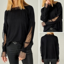Fashion Dots Lace Spliced Long Sleeve Round Neck T-shirt