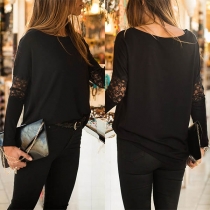 Fashion Lace Spliced Long Sleeve Round Neck T-shirt 