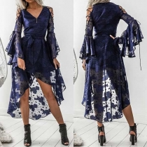 Sexy Hollow Out Lace-up Trumpet Sleeve V-neck High-low Hem Lace Dress