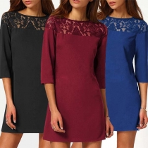 Fashion Solid Color Half Sleeve Round Neck Lace Spliced Dress
