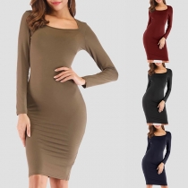 Elegant Solid Color Long Sleeve Round Neck Slim Fit Dress