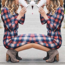 Fashion Contrast Color Round-neck Long Sleeve Slim Fit Plaid Dress