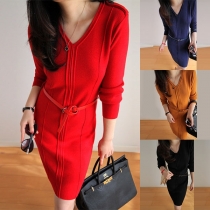 Fashion Solid Color Deep V-neck Long Sleeve with Waistband Dress