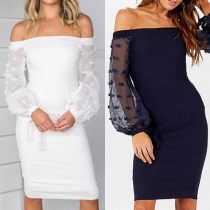 Fashion Solid Color Boat-neck Off-shoulder Long Gauze Spliced  Over-hip Dress