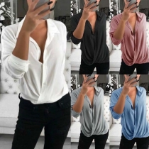 Fashion Solid Color Long Sleeve Crossover V-neck Blouse