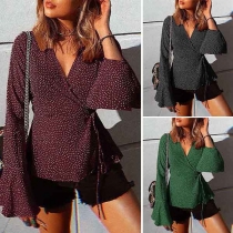 Sexy V-neck Trumpet Sleeve Printed Top