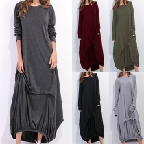 Fashion Solid Color Long Sleeve Round Neck Lantern Dress