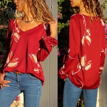 Fashion Long Sleeve V-neck Printed T-shirt