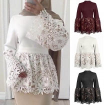 Fashion Lace Spliced Long Sleeve Stand Collar Top