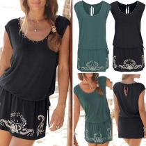 Fashion Sleeveless Round Neck Elastic Waist Printed Dress