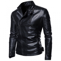 Fashion Long Sleeve Stand Collar Oblique Zipper Men's PU Leather Jacket