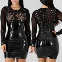 Sexy See-through Gauze Spliced Rhinestone PU Leather Dress