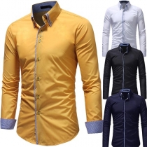 Fashion Plaid Spliced Long Sleeve POLO Collar Men's Shirt