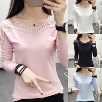 Fashion Lace Spliced Long Sleeve Round Neck T-shirt