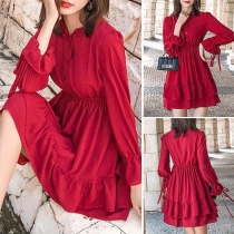Sweet Style Trumpet Sleeve Ruffle Collar Solid Color Dress