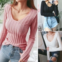 Simple Style Long Sleeve U-neck Solid Color Knit Top