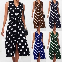 Fashion Sleeveless POLO Collar Dots Printed Dress