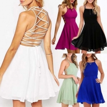Sexy Lace-up Backless Solid Color Sling Dress
