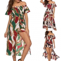 Sexy Of-shoulder Boat Neck Trumpet Sleeve Printed Romper