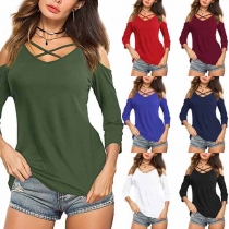 Sexy Off-shoulder 3/4 Sleeve Solid Color T-shirt 