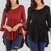 Fashion Solid Color 3/4 Sleeve High-low Hem T-shirt 