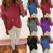 Fashion Solid Color Lotus Sleeve Round Neck T-shirt 