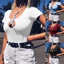 Sexy Short Sleeve Round Neck Hollow Out Solid 