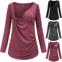 Fashion Solid Color Long Sleeve V-neck Breastfeeding T-shirt