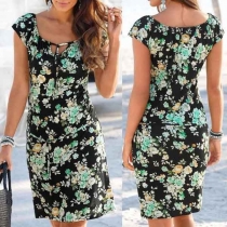 Fashion Cap Sleeve Round Neck Slim Fit Printed Dress