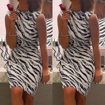 Fashion Sleeveless Round Neck Zebra Striped Printed Dress