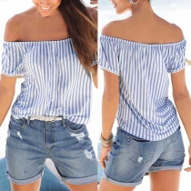 Sexy Off-shoulder Boat Neck Short Sleeve Striped Top 