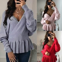Sexy V-neck Long Sleeve Ruffle Hem Knit Top