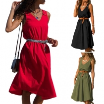 Sexy V-neck Sleeveless High Waist Solid Color Dress