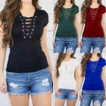 Fashion Solid Color Short Sleeve Lace-up V-neck T-shirt