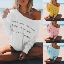 Sexy Oblique Shoulder Long Sleeve Letters Printed T-shirt