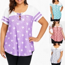 Fashion Short Sleeve Lace-up Round Neck Star Printed T-shirt