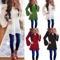 Fashion Lace Spliced Trumpet Sleeve Round Neck Solid Color Top