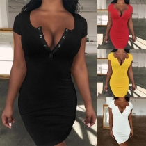 Sexy V-neck Short Sleeve Solid Color Slim Fit Dress