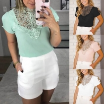 Sexy Lace Spliced Short Sleeve Round Neck Solid Color Top 
