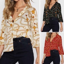 Fashion 3/4 Sleeve POLO Collar High-low Hem Printed Shirt 