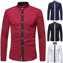 Fashion Contrast Color Long Sleeve Stand Collar Men's Shirt 