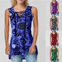 Fashion Sleeveless Lace-up V-neck Printed T-shirt